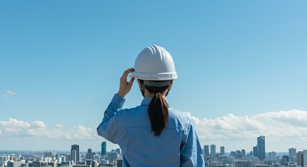 作業着 - 女性  - 建築 - ヘルメット - 青空 - 都市