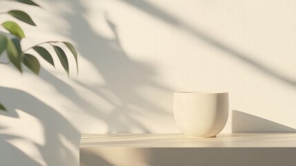 Obraz premium Minimalist Decorative Bowl on Wooden Table with Natural Light and Shadows