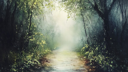 Obraz premium misty forest path surrounded by lush greenery and soft light