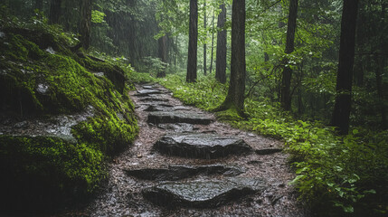 Obraz premium moody rain soaked path in dense forest with lush greenery and stones