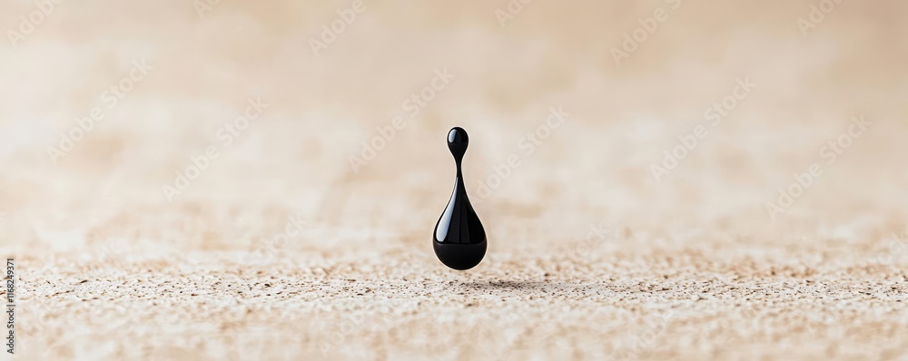 Poster grungy abstract background idea. a single drop of black liquid suspended above a sandy surface, show