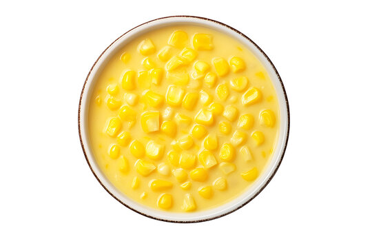 Top-down view of luxurious bowl of delicious creamy corn soup served in elegant porcelain dish isolated on cut out PNG or transparent background. Highlighting rich texture and gourmet presentation. - Powered by Adobe
