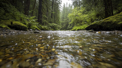serene nature scene with raindrops on tranquil stream surrounded by lush greenery
