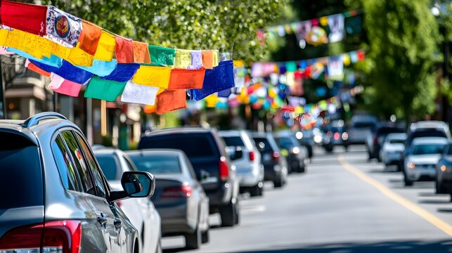 Curious drivers observing a roadside flag display, symbolizing community awareness and shared curiosity in public spaces, reflecting collective engagement and local identity