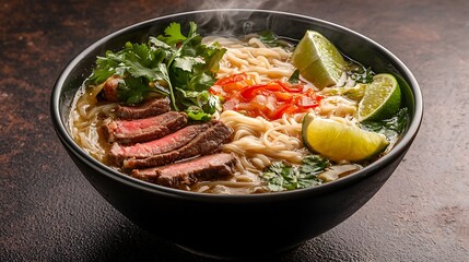 Delicious Beef Pho Noodle Soup with Lime and Cilantro Garnish Close Up