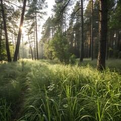 Fototapeta premium Sunlight streaming through lush forest canopy illuminating a verdant woodland path
