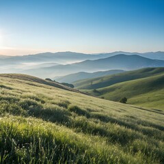 Obraz premium Majestic rolling hills at sunrise soft mist layers over verdant valleys blue sky dawn light