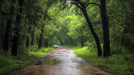 Obraz premium picturesque path through lush, rainy forest with vibrant greenery