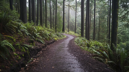 Fototapeta premium winding path through lush, rainy forest with tall trees and ferns
