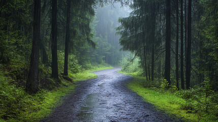 Obraz premium picturesque path cutting through rainy forest, surrounded by lush greenery