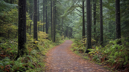 Obraz premium serene forest path surrounded by tall trees and lush greenery