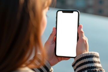 Capture the Moment: Woman Holding Smartphone with Blank Screen, Perfect for Social Media, Advertising, or Blogging