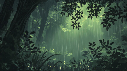 serene view of rainy forest with dark green foliage and soft light