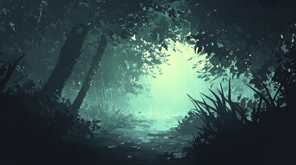 Obraz premium serene view of rainy forest with dark green foliage and misty light