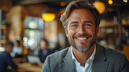 Fototapeta premium A portrait of a smiling man in a suit sitting in a cafe.