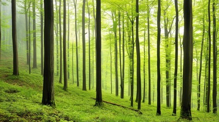 Lush Green Forest with Tall Trees and Soft Light Filtering Through Leaves