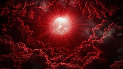 A breathtaking view of a crimson sun surrounded by dark, swirling clouds, evoking a mystical and dramatic atmosphere.