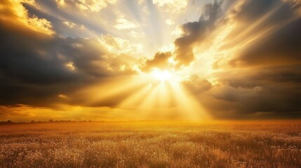Fototapeta premium Golden rays of light breaking through dark clouds over an open field