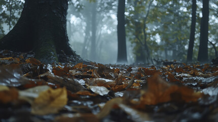 spooky forest scene on rainy morning with wet leaves covering ground