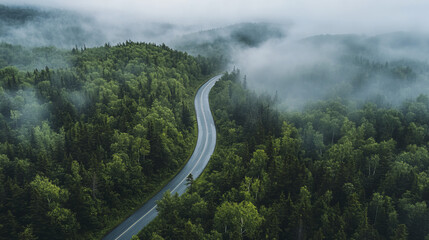 Winding road through lush green forest shrouded in misty fog