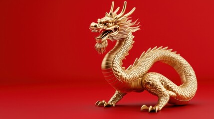 Fototapeta premium A majestic golden dragon figurine against a vibrant red background, symbolizing power and good fortune in Chinese culture.