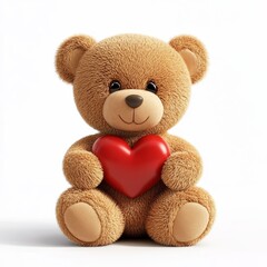 Cute Plush Teddy Bear Holding Red Heart Against White Background