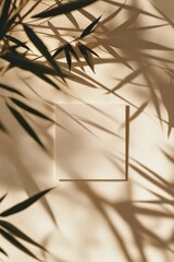 Blank square card mockup with tropical plant shadows on beige background.