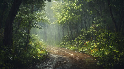 Fototapeta premium tranquil rainy forest path with earthy trail and lush greenery