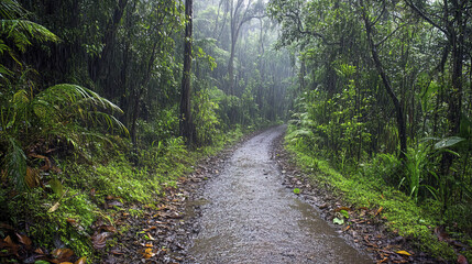 Fototapeta premium tranquil rainy forest path with earthy trail surrounded by lush greenery