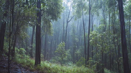 Fototapeta premium tranquil view of tropical rainforest in rain, showcasing lush greenery and tall trees