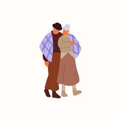 Cute elderly couple cuddles during walk. Old man and woman love each other, stroll together. Happy family, seniors in romantic relationship. Flat isolated vector illustration on white background