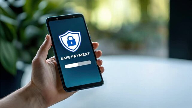 A hand holds a smartphone showing safe payment text, emphasizing payment gateway security, fraud detection, and secure payment processes