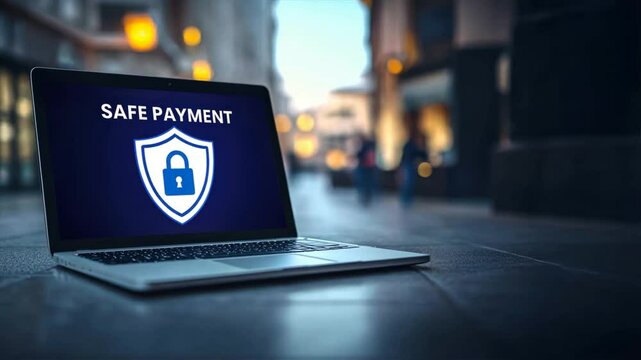 A laptop screen displays a security shield with the words safe payment, highlighting payment gateway security, tokenization, and data encryption concepts