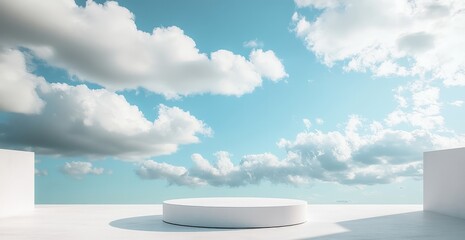 White minimalist podium under a blue sky with clouds.
