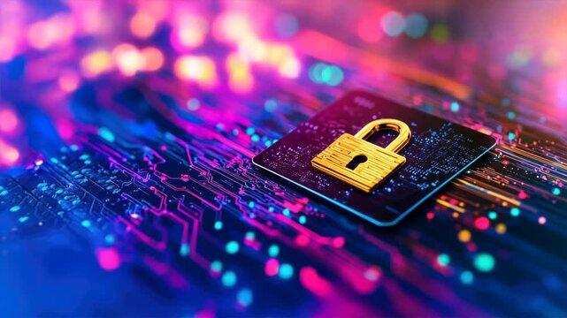 A credit card topped with an electronic lock represents payment gateway security, protection against cyberattacks, and secure payment methods