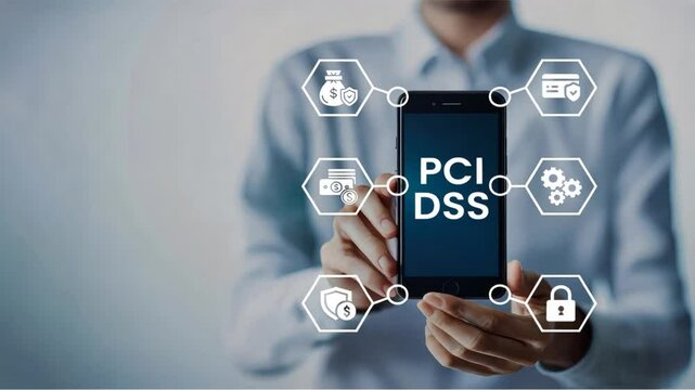 A businessman shows a smartphone with PCI DSS text and icons, illustrating payment gateway security, tokenization, and data encryption
