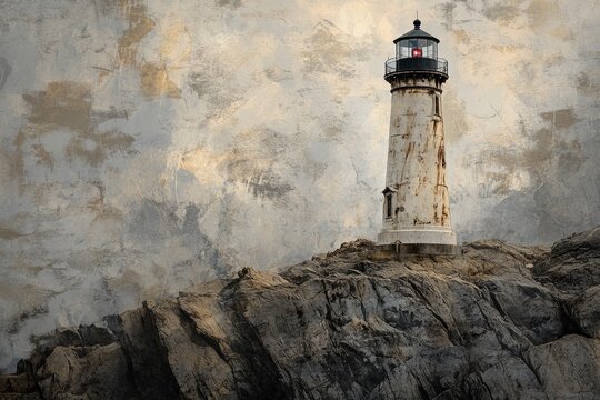 A weathered lighthouse stands solitary on rocky cliffs against a dramatic, textured sky.