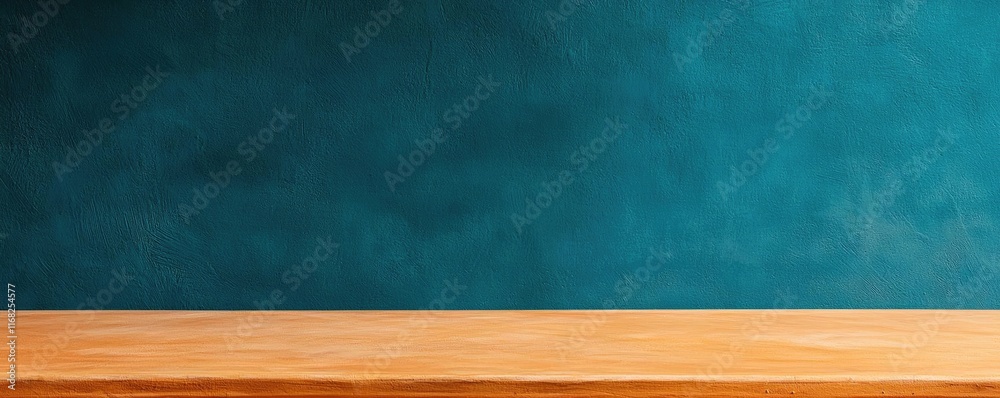 Poster grungy abstract background idea. a minimalist wooden table in front of a textured teal wall, perfect