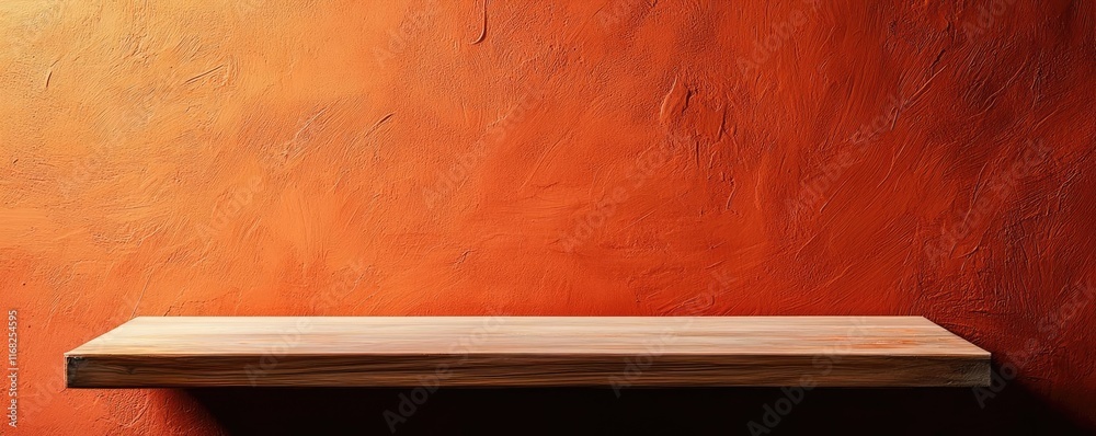 Poster Grungy abstract background idea. A simple wooden shelf against a vibrant orange wall, ideal for displaying items.