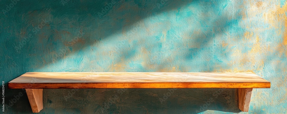 Poster Grungy abstract background idea. A wooden shelf against a textured teal wall casting soft shadows in natural light.