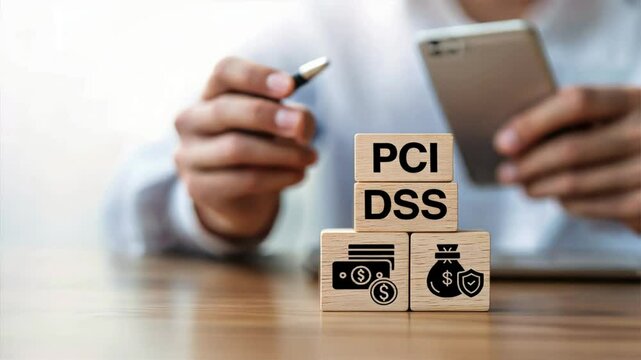 A wooden blocks on a white background display PCI DSS text and icons, signifying payment gateway security, data encryption, and fraud detection