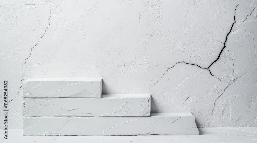 Poster Grungy abstract background idea. Minimalist white stairs against a textured wall with subtle cracks for modern design.