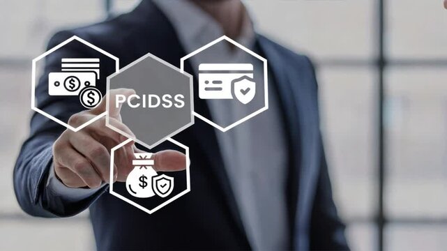 A businessman hand gestures toward PCI DSS text with security icons, emphasizing payment gateway security and data encryption concepts
