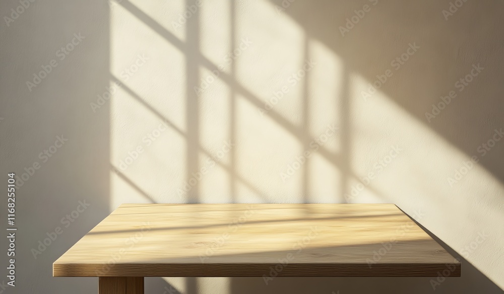 Poster empty light wooden table with window shadow on wall.