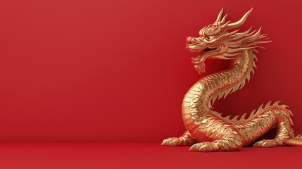 Obraz premium A stunning golden dragon sculpture against a vibrant red background, symbolizing strength and good fortune in many cultures.