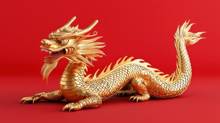 Fototapeta premium A stunning golden dragon sculpture against a vibrant red background, symbolizing power and prosperity in various cultures.