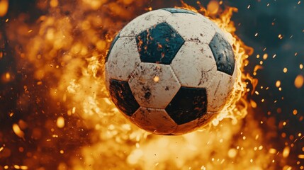 A soccer ball surrounded by flames, capturing the intensity and excitement of the game in a dynamic and visually striking way.