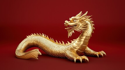 Fototapeta premium A stunning golden dragon sculpture representing strength and prosperity against a vibrant red background.