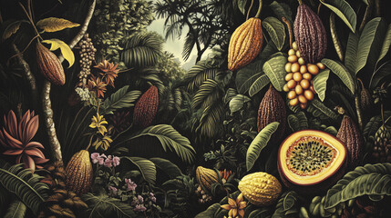 Fototapeta premium Lush tropical landscape featuring cacao pods, fruits, and vibrant foliage