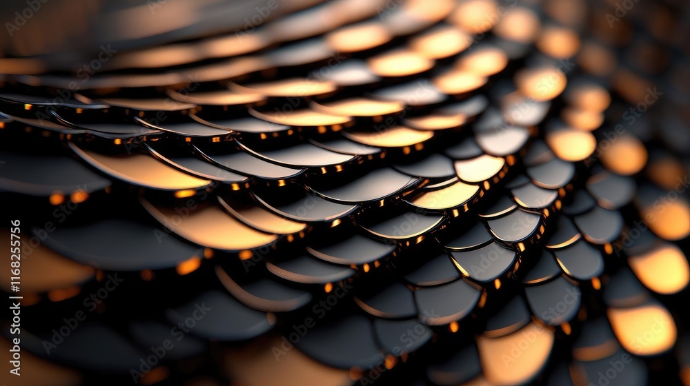 Poster Grungy abstract background idea. Close-up view of shimmering, layered scales with metallic tones in mesmerizing patterns.